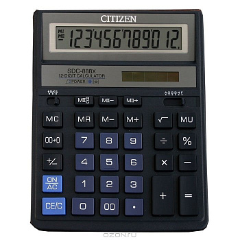 Калькулятор наст. Citizen SDC-888ХBK (12 разр., 2 питания, коррекция 203*158*31мм) черный