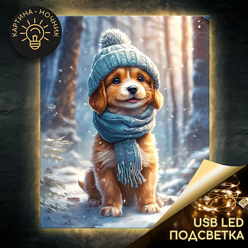 Роспись по номерам (холст) 40*50см "Щенок на прогулке" (основа+краски+кисти) 23цв., LED подсветка