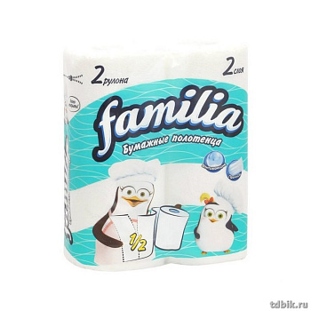 Полотенце бумажное Familia 2 рул/уп белые, 2-х слойные, 100 листов в рулоне