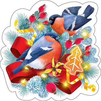 Наклейка оформительская на скотче зимняя "Снегири на ветке" 194х194 мм