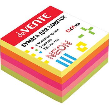 Бумага с клеевым краем  51*51 мм, 250 л. неон 5 цветов deVENTE