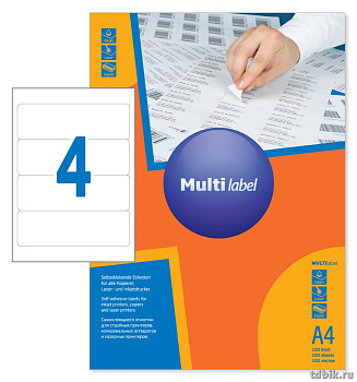 Этикетки самоклеящиеся А4 192*61, 4 этикетки, скругл. края, белые, MultiLabel