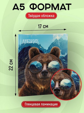 Дневник для ст/кл. твердая обложка, глян. ламин. "Медведь в очках"