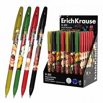 Ручка шариковая с рис. ErichKrause R-301 Stick&Grip Folk Motives 0,7мм синяя (линия 0,35мм)