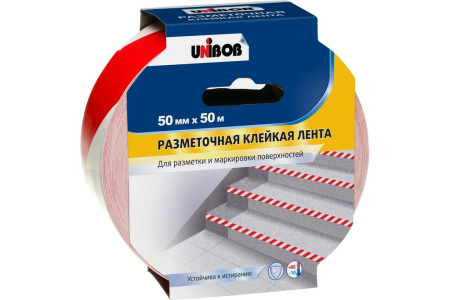 Лента сигнальная для разметки ПВХ красно-белая 50мм*50м UNIBOB, 150 мкм, клейкая