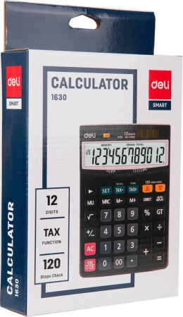 Калькулятор наст. Deli Core E1630 (12 разр., 2 питания, 188х140 мм) черный