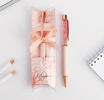 Ручка шариковая сувенирная "С 8 марта!" металл, розовый футляр