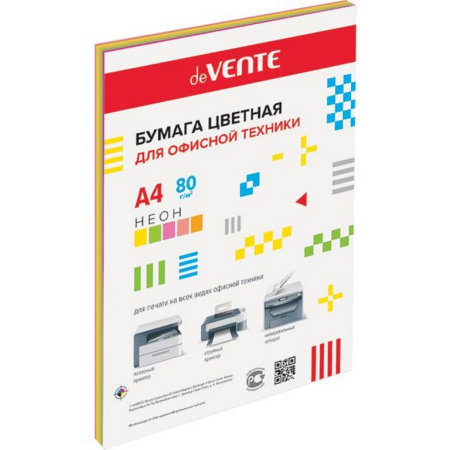 Бумага "deVente" 75г/м2 А4,  50 лист/уп, смесь неоновых цветов (5 цветов)