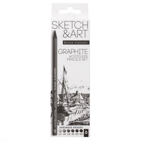 Графит натуральный в форме карандаша (набор 6 шт) Bruno Visconti SKETCH&ART (2H, HB, 2B,4B, 6B, 8В)