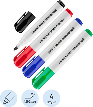 Набор маркеров перманент. 4цв Attache скошенный наконечник, 1,5-3мм