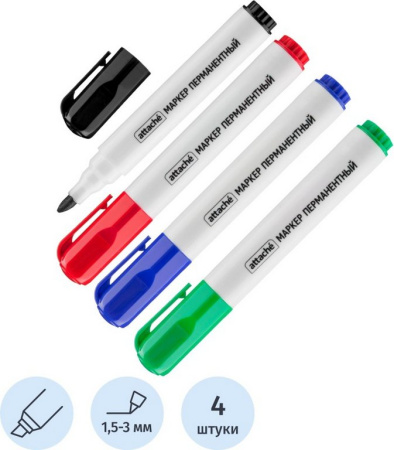 Набор маркеров перманент. 4цв Attache скошенный наконечник, 1,5-3мм
