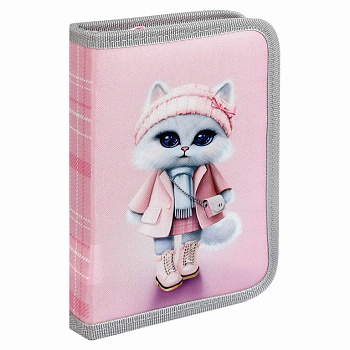 Пенал 1 отд. 1 откид. планка для девочки Феникс+ "Кошечка в пальто" 13,3x20x3,5 cм (ткань)