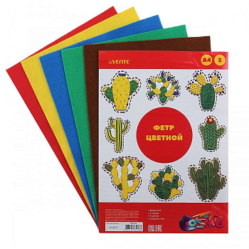 Фетр А4 (набор 5 листов 5цв) 2мм ассорти "Яркие цвета" (мягкий) deVENTE