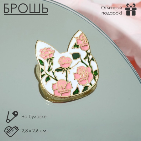 Брошь металл "Кошечка", цветочный узор в золоте