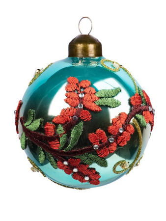 Елочный шар стеклянный  80мм (бирюзовый с рисунком) в картонной коробке