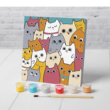 Роспись по номерам (холст) 15*15см "Милые котята" (основа+акрил.краски+кисти) Школа Талантов