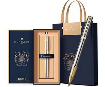 Ручка-роллер Montagut черная 0,5мм, подар.футляр, корпус мет. серебро/золото