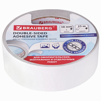 Скотч двухсторонний (полипроп. основа) 38 мм*25 м BRAUBERG, 90 мкм