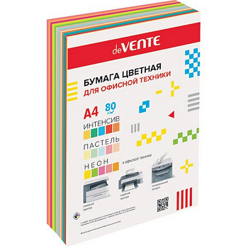 Бумага "deVente" 75г/м2 и 80г/м2 А4, 90 л, смесь 15 цветов (5 интенсивных, 5 пастельных, 5 неоновых)