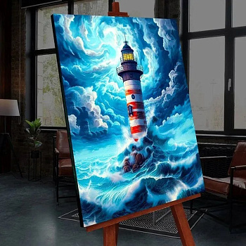 Роспись по номерам (холст) 40*50см светящ. краска "Маяк во время шторма" (основа+акрил.краски+кисти)