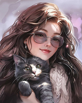 Алмазная мозаика 40*50см "Брюнетка с котом" Феникс+