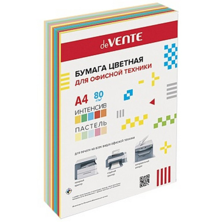 Бумага "deVente" 80г/м2 А4, 250 лист/уп, смесь 10 цветов (5 интенсивных, 5 пастельных)