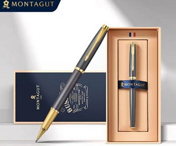 Ручка-роллер Montagut черная 0,5мм, подар.футляр, корпус мет. серый/золото (ст.112мм)