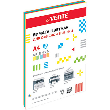 Бумага "deVente" 80г/м2 А4,  50 лист/уп, смесь медиум цветов (5 цветов)