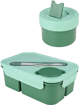 Ланч-бокс 1250 мл (с приборами, три отделения, отдел. для соуса) в термосумке, зеленый "Пастель"