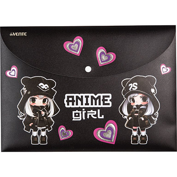 Папка-конверт на кнопке A4 пластик 0,30 мм deVENTE "Anime Gir" черная