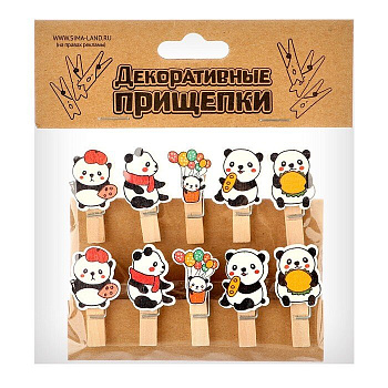 Прищепки деревянные с декором "Панды" (10шт/уп)