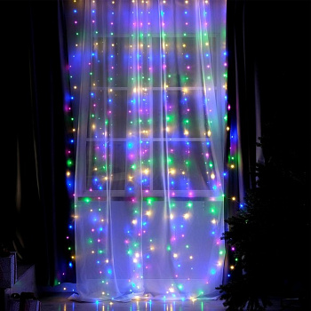 Гирлянда комнатная Занавес Роса 2.8*3м 300 цв. ламп, 8 реж, на крючках,пульт (от-10 до+35 °С) от USB