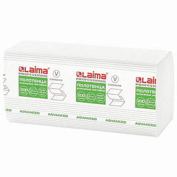 Полотенце бумажное для диспенсера в пачке ЛАЙМА (H3), сложение V, 2-слой., белые, 200лист(22х23)