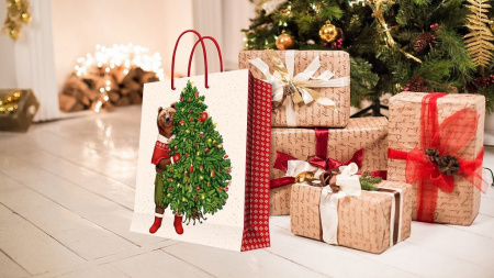 Пакет бумажный НГ 33*46см ламиниров. "Мишка держит елку"