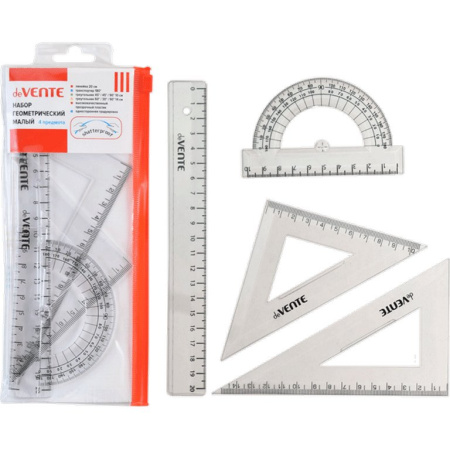 Набор чертежный (набор линеек) 4 пред. (линейка 20 см, 2 угольника, транспортир) deVENTE