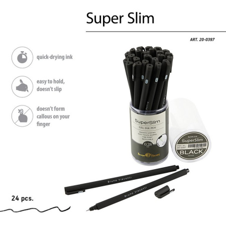 Ручка гелевая Bruno Visconti "SUPER SLIM. Black"  0,28мм черная (стерж.137мм, линия 0,2мм)
