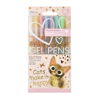 Набор гелевых ручек  8 шт. Bruno Visconti UniWrite GLITTER "Милый котик" с блестками