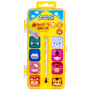 Краски акварельные 24 цв. медовые Каляка-Маляка "Зверята в домике" (кисть, пластиковая упаковка)
