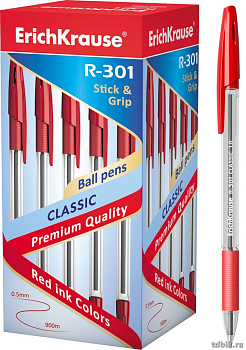 Ручка шариковая ErichKrause R-301 Classic Stick&Grip рез.упор 1,0мм красн. (стерж.140мм, линия 0,5)