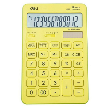 Калькулятор наст. Deli EM01551 (12 разр.) 2 питания, 175x108х15 мм, желтый