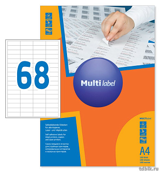 Этикетки самоклеящиеся А4 48,5*16,9, 68 этикеток, прямоуг. края, белые, MultiLabel