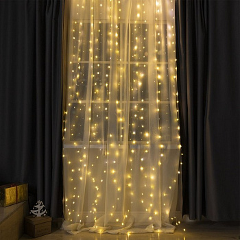 Гирлянда комнатная Занавес Роса 2,8*3м, 300 тепл.ламп, мерц., серебр.нить (от -10 до +35 °С) от USB