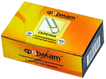 Скрепки 33 мм 100 шт/уп никелированные с загнут. краем inФОРМАТ