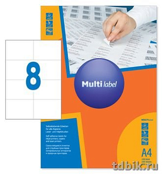 Этикетки самоклеящиеся А4 105*74,2, 8 этикеток, прямоуг. края, белые, MultiLabel