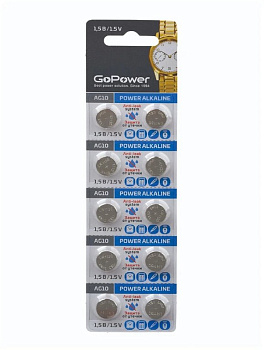 Батарейка дисковая LR1130 (AG10 389A LR54 179) GoPower 1,5B BL10