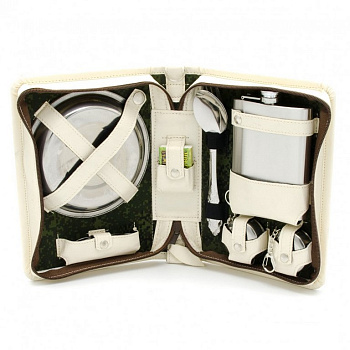 Несессер подарочный "Привал" футляр из кожи с худож. выжиганием, приборы на 2 персоны, бежевый