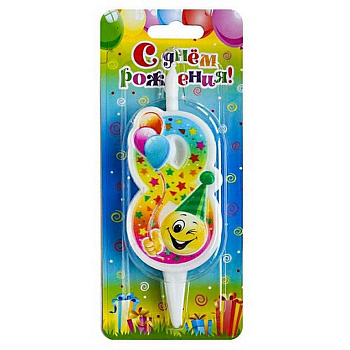 Свеча для торта "Цифра  8" Смайлик с шарами