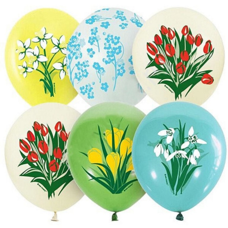 Шар воздушный 12 дюймов (30см) с рисунком "Весенние цветы" металлик (ассорти)