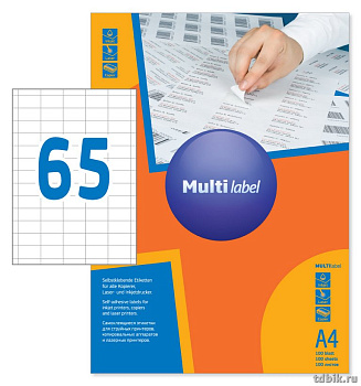 Этикетки самоклеящиеся А4 38,1*21,2, 65 этикеток, прямоугольные белые, MultiLabel