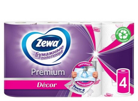 Полотенце бумажное Zewa/Zemma Premium декор 4 рул/уп, 2-х слойные